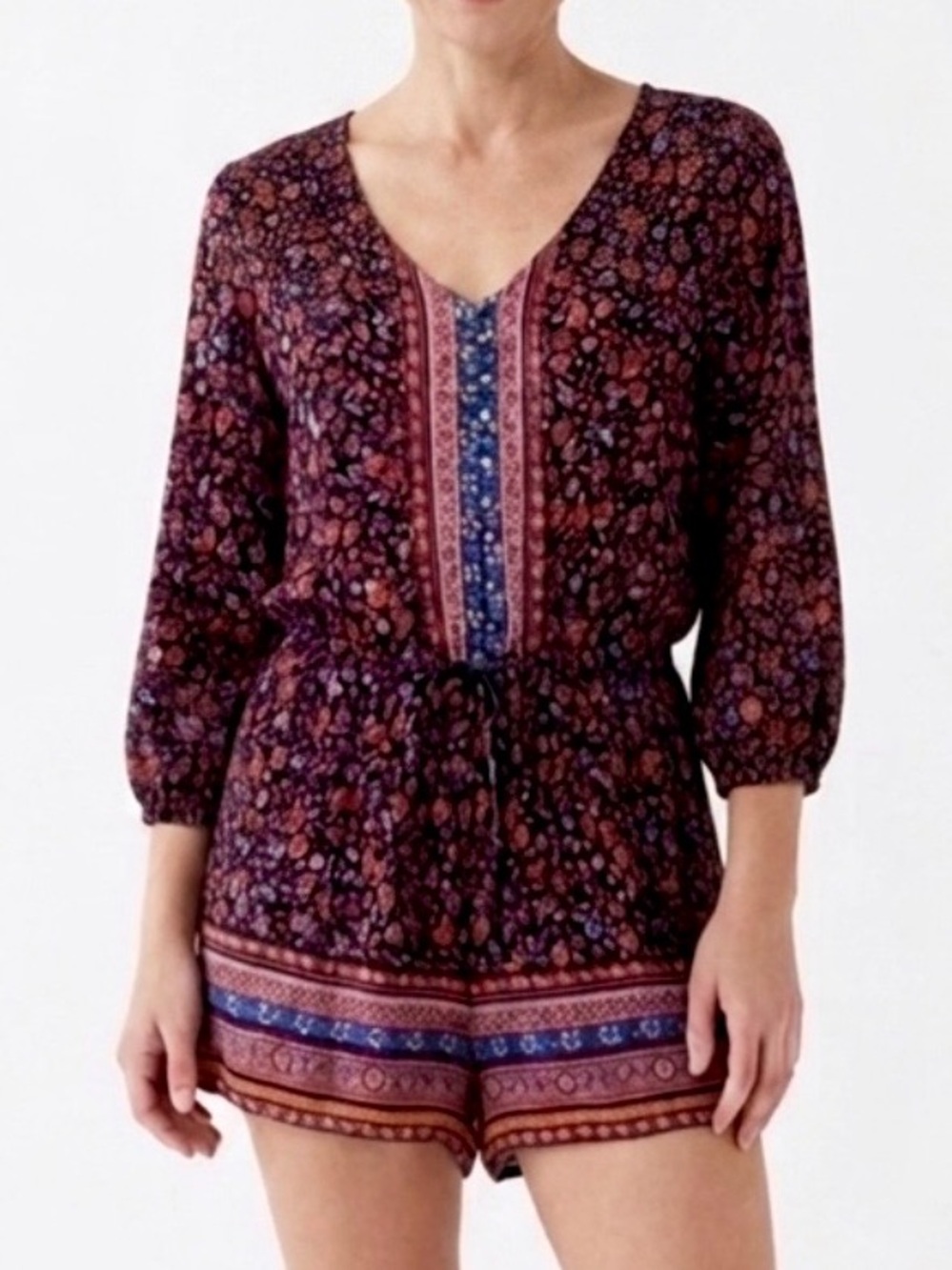 Bershka Floral Aztec Patterned Romper Size M Button Front 3/4 Sleeve Boho Hippie